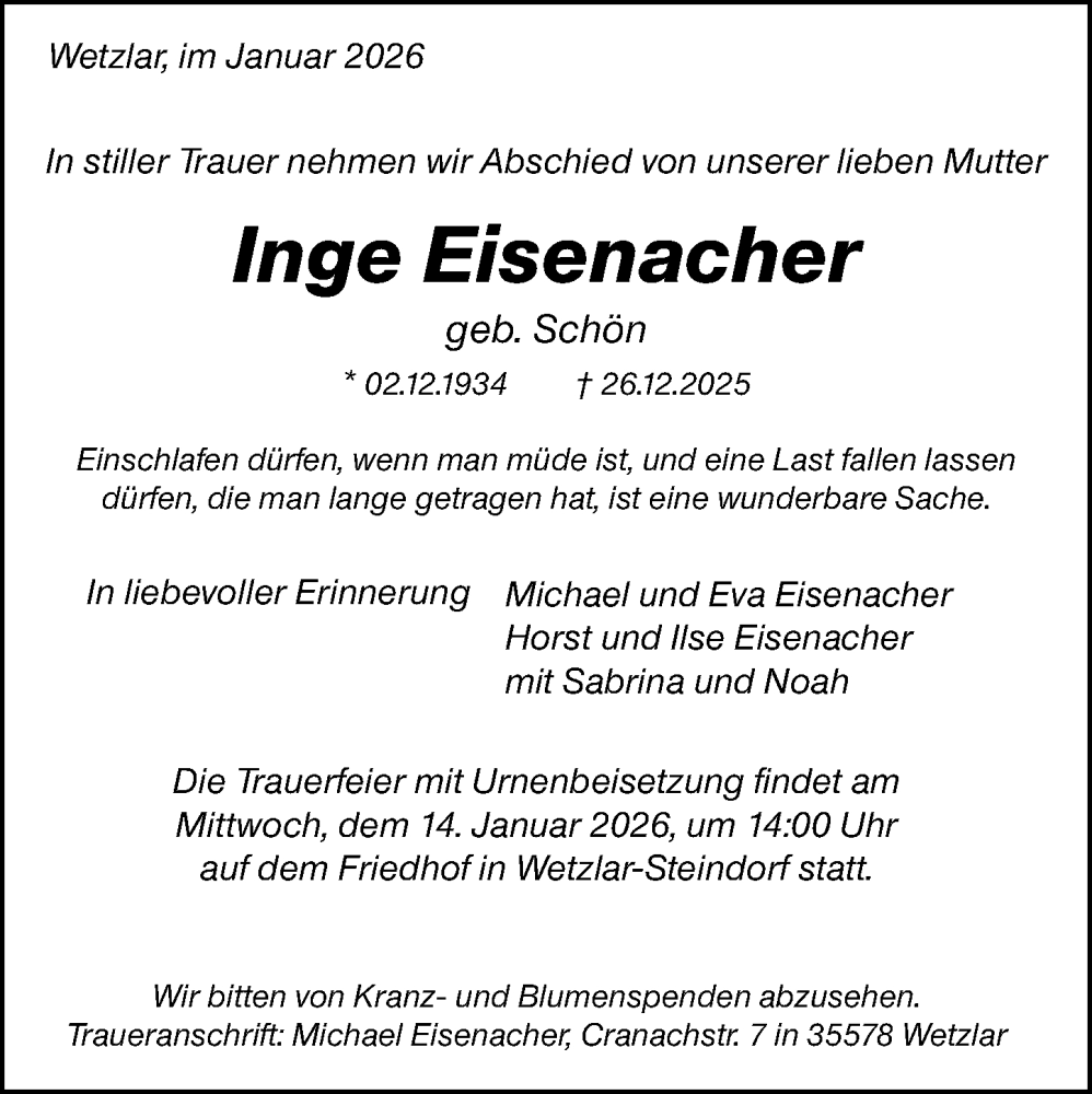  Traueranzeige für Inge Eisenacher vom 10.01.2026 aus Wetzlarer Neue Zeitung