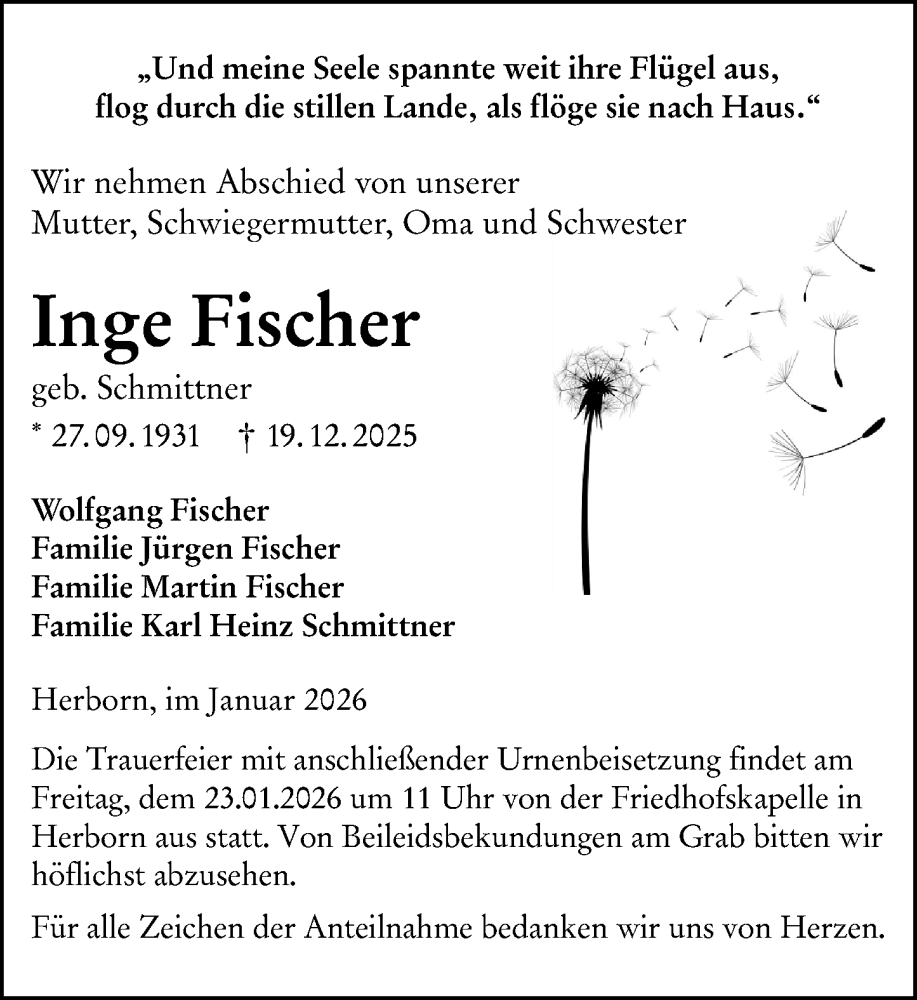  Traueranzeige für Inge Fischer vom 17.01.2026 aus Dill Block