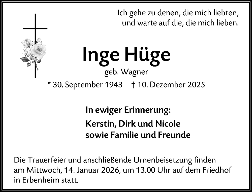  Traueranzeige für Inge Hüge vom 10.01.2026 aus Wiesbadener Kurier