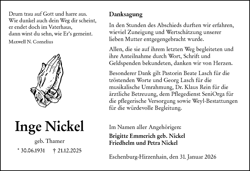  Traueranzeige für Inge Nickel vom 31.01.2026 aus Dill Block