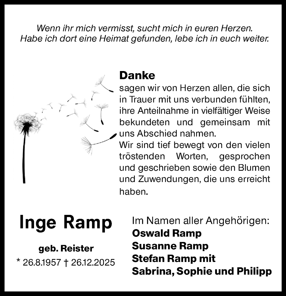  Traueranzeige für Inge Ramp vom 16.01.2026 aus Hochheimer Zeitung