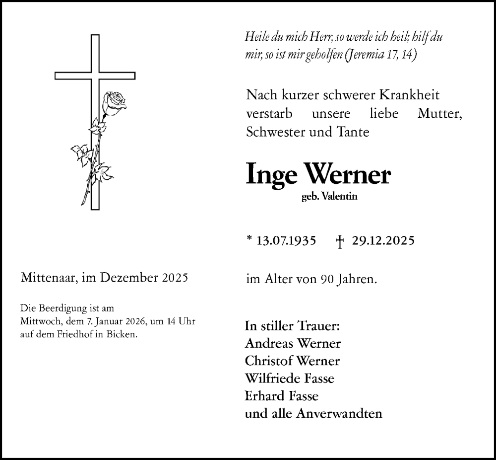  Traueranzeige für Inge Werner vom 05.01.2026 aus Dill Block