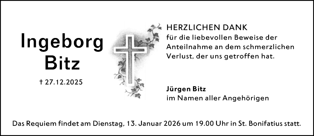  Traueranzeige für Ingeborg Bitz vom 09.01.2026 aus Hochheimer Zeitung