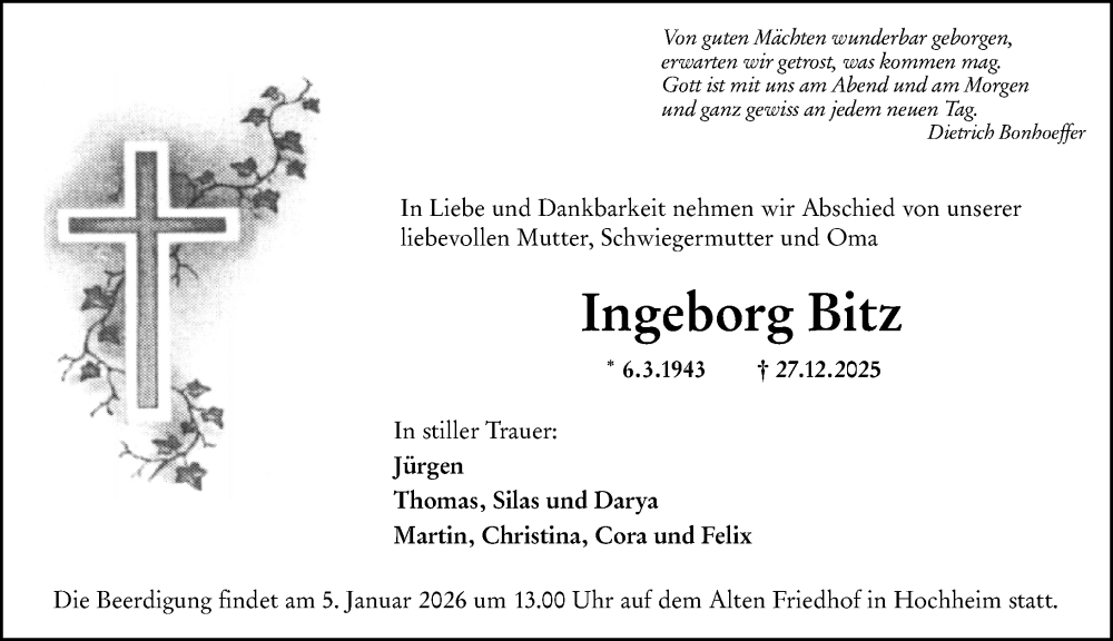  Traueranzeige für Ingeborg Bitz vom 02.01.2026 aus Hochheimer Zeitung