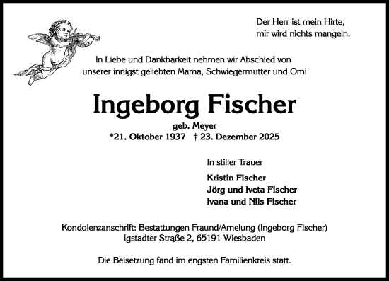 Traueranzeige von Ingeborg Fischer von Wiesbadener Kurier