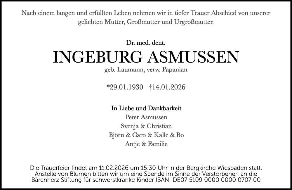  Traueranzeige für Ingeburg Asmussen vom 24.01.2026 aus Wiesbadener Kurier