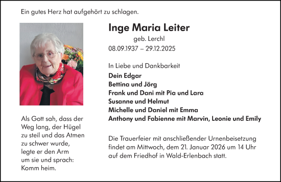 Traueranzeige von Inge Maria Leiter von Starkenburger Echo