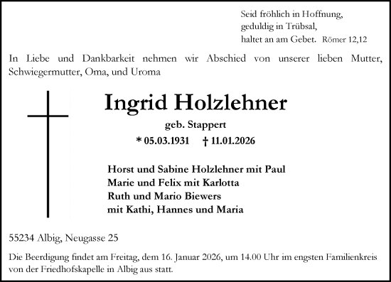 Traueranzeige von Ingrid Holzlehner von Allgemeine Zeitung Alzey