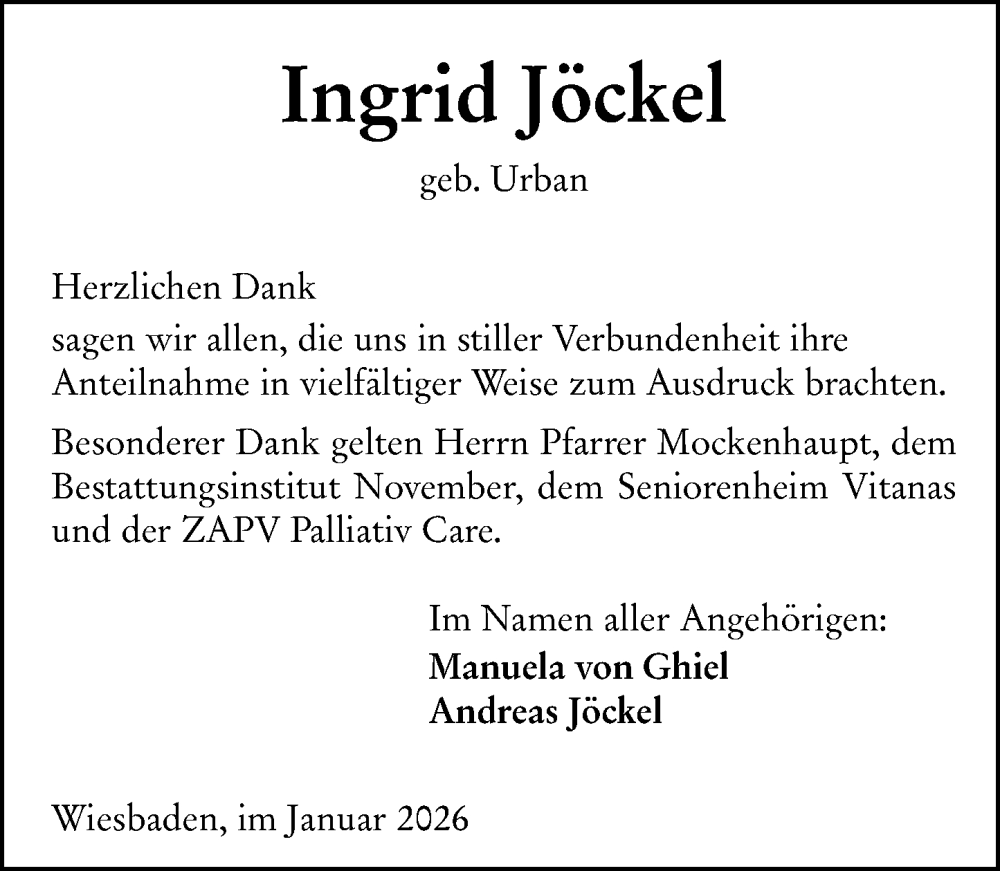  Traueranzeige für Ingrid Jöckel vom 10.01.2026 aus Wiesbadener Kurier
