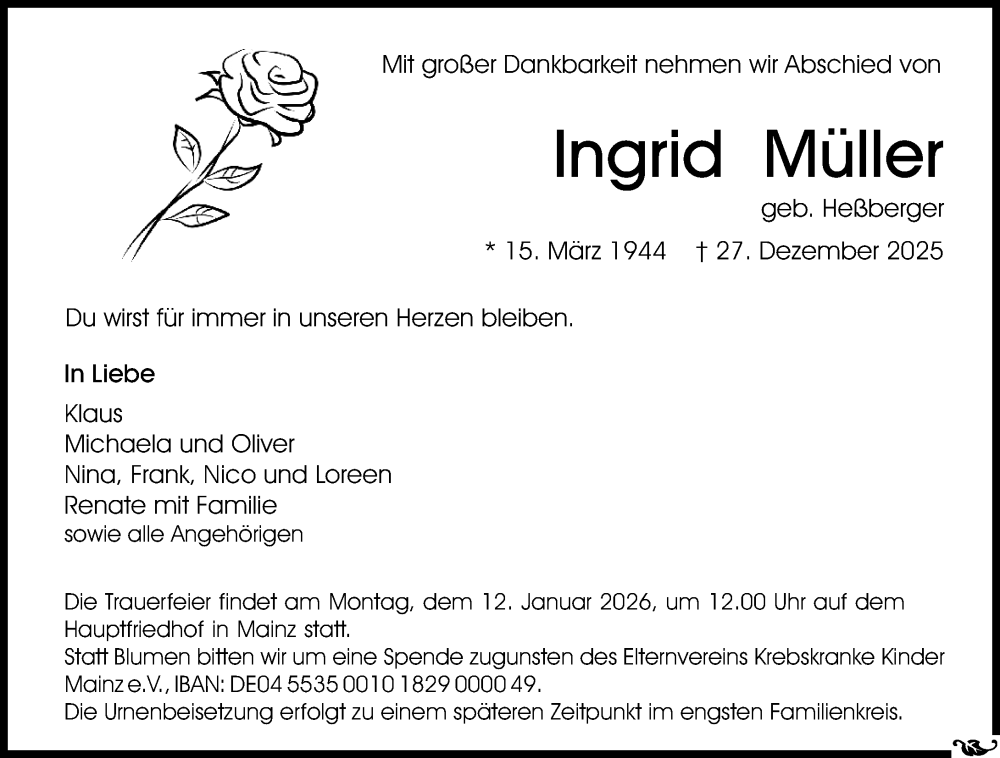  Traueranzeige für Ingrid Müller vom 10.01.2026 aus Allgemeine Zeitung Mainz