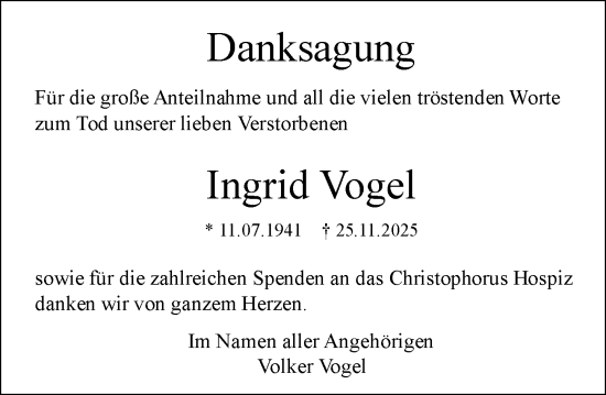 Traueranzeige von Ingrid Vogel von Allgemeine Zeitung Mainz