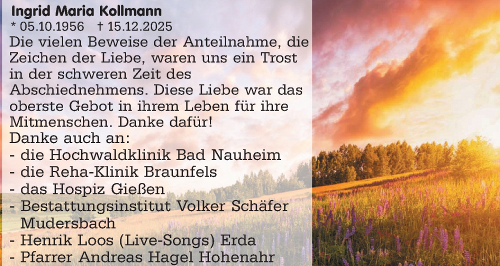  Traueranzeige für Ingrid Maria Kollmann vom 24.01.2026 aus Wetzlarer Neue Zeitung