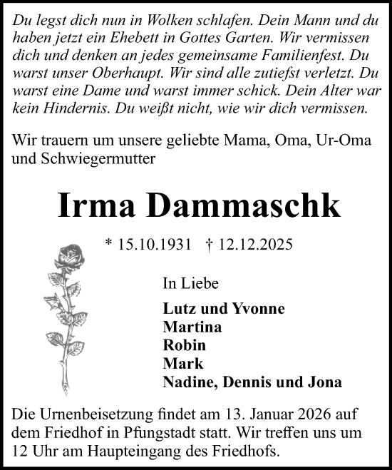 Traueranzeige von Irma Dammaschk von Darmstädter Echo