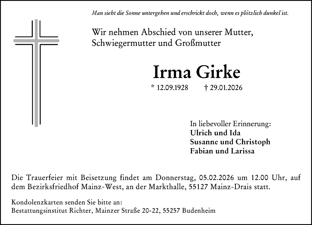 Traueranzeige für Irma Girke vom 31.01.2026 aus Allgemeine Zeitung Mainz