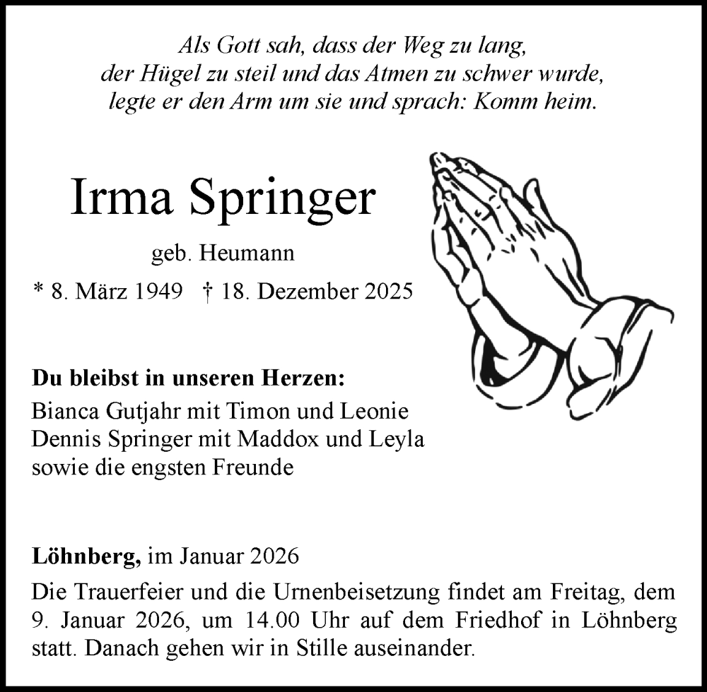  Traueranzeige für Irma Springer vom 03.01.2026 aus Weilburger Tageblatt