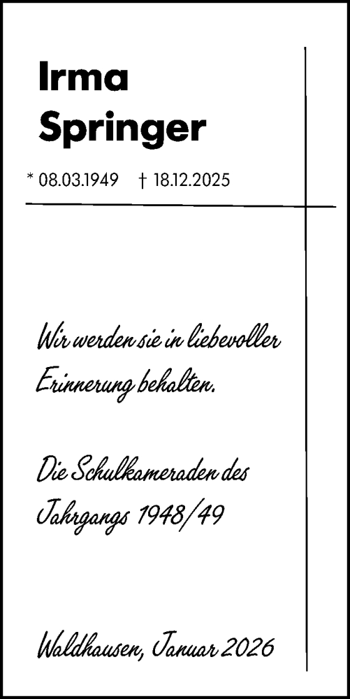  Traueranzeige für Irma Springer vom 07.01.2026 aus Weilburger Tageblatt