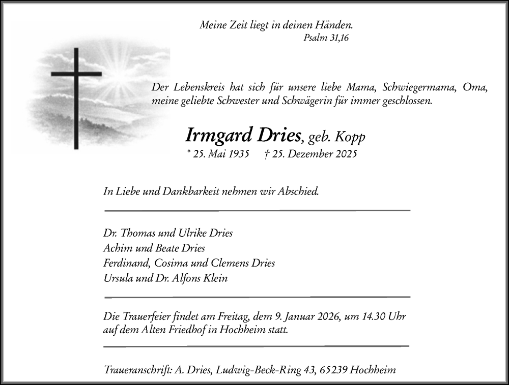  Traueranzeige für Irmgard Dries vom 02.01.2026 aus Hochheimer Zeitung