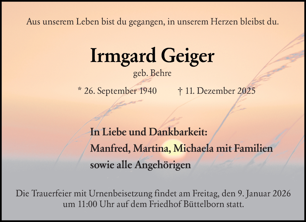  Traueranzeige für Irmgard Geiger vom 03.01.2026 aus Groß-Gerauer Echo
