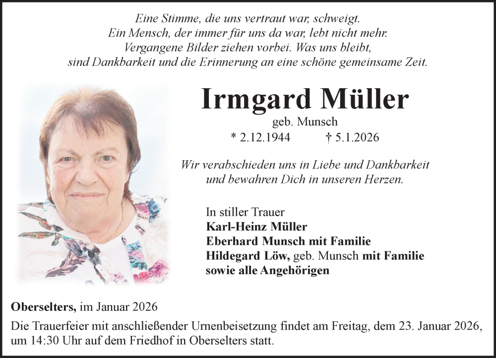  Traueranzeige für Irmgard Müller vom 15.01.2026 aus Camberger Anzeiger