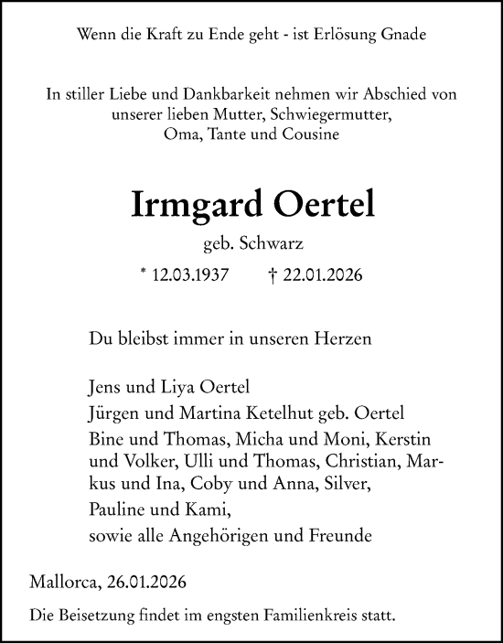 Traueranzeige von Irmgard Oertel von Dill Block