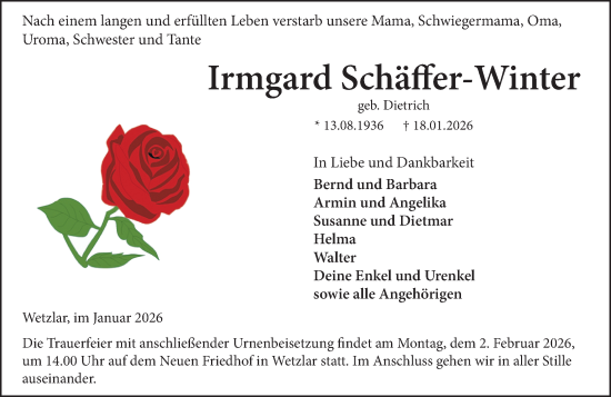 Traueranzeige von Irmgard Schäffer-Winter von Wetzlarer Neue Zeitung