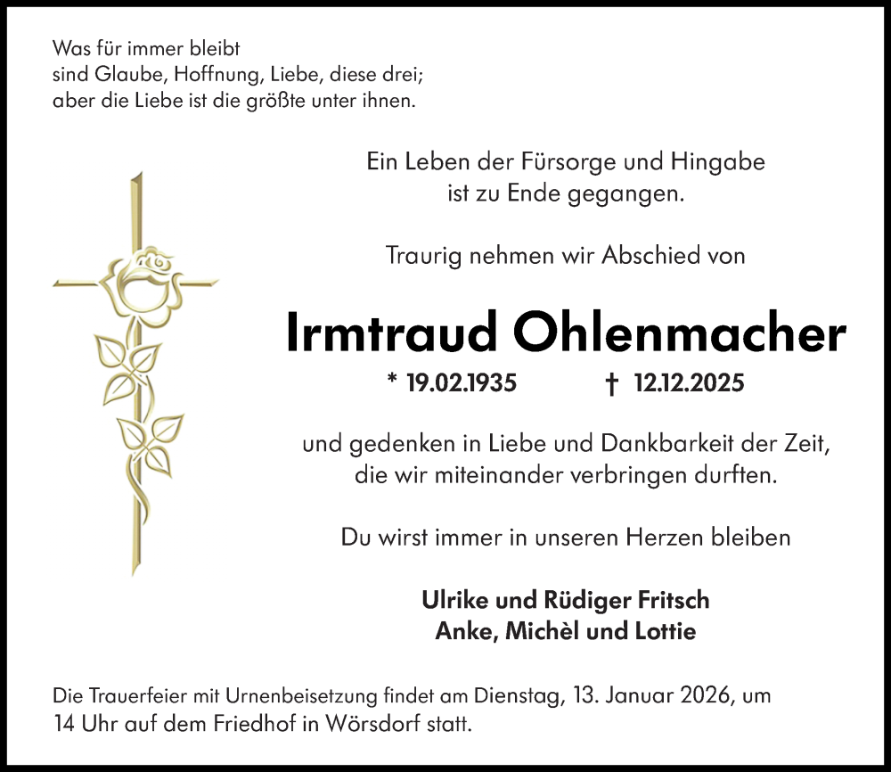  Traueranzeige für Irmtraud Ohlenmacher vom 03.01.2026 aus Idsteiner Land/Untertaunus