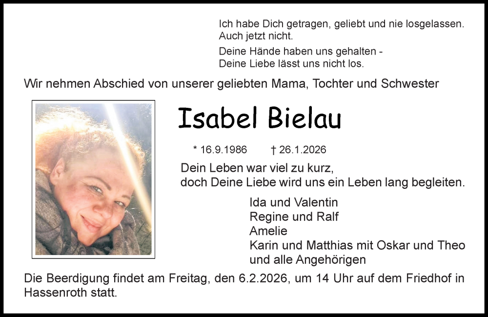  Traueranzeige für Isabel Bielau vom 31.01.2026 aus Odenwälder Echo