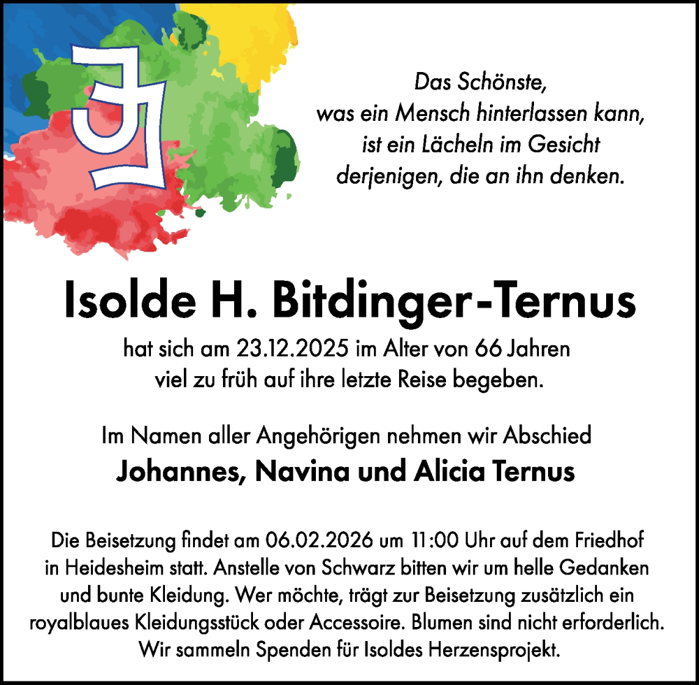  Traueranzeige für Isolde Bitdinger-Ternus vom 23.01.2026 aus Allgemeine Zeitung Rheinhessen-Nahe