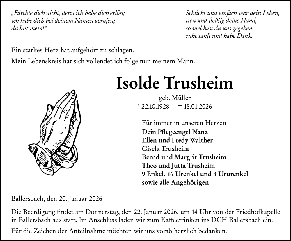  Traueranzeige für Isolde Trusheim vom 20.01.2026 aus Dill Block