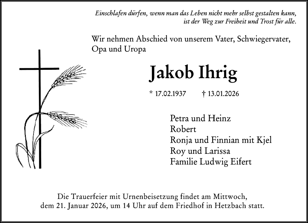  Traueranzeige für Jakob Ihrig vom 17.01.2026 aus Odenwälder Echo