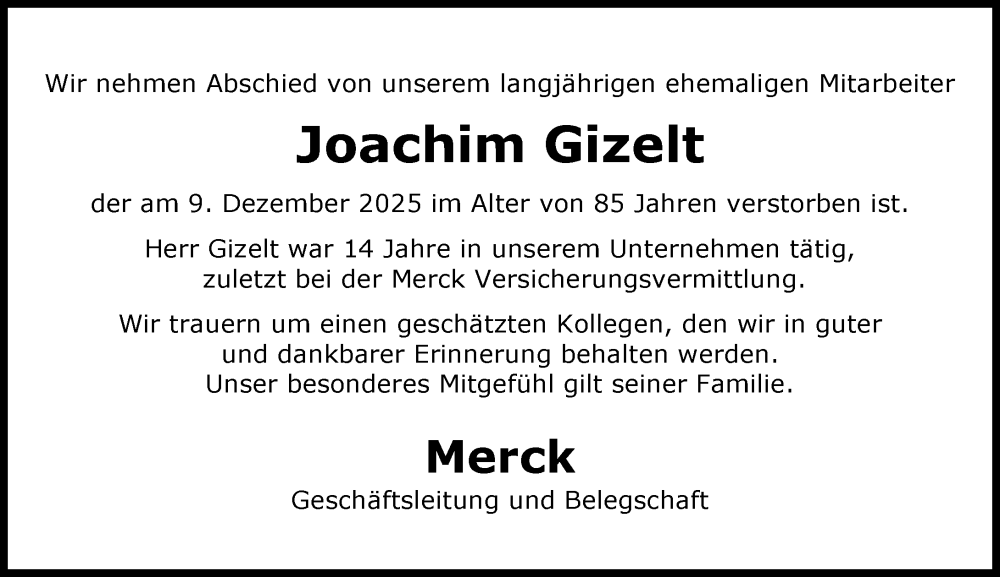  Traueranzeige für Joachim Gizelt vom 10.01.2026 aus Darmstädter Echo