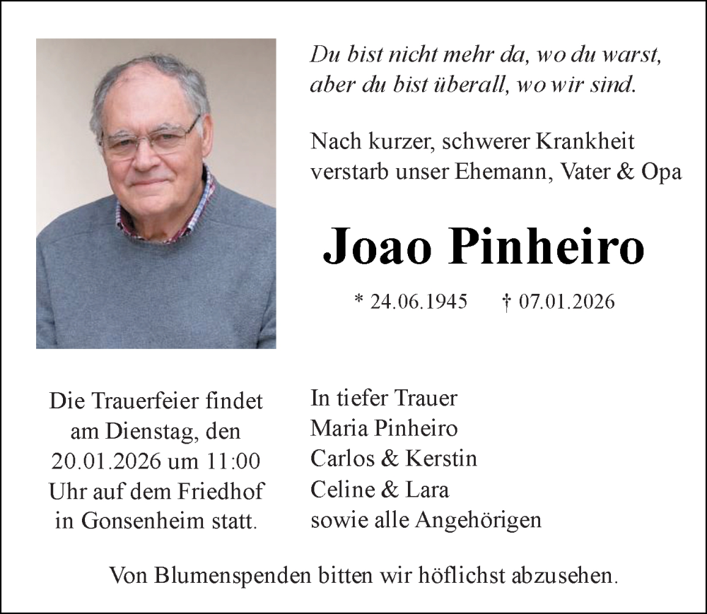  Traueranzeige für Joao Pinheiro vom 17.01.2026 aus Allgemeine Zeitung Mainz