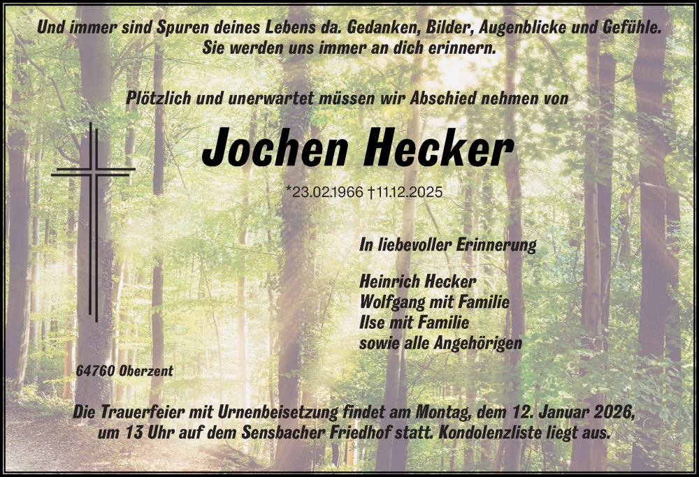  Traueranzeige für Jochen Hecker vom 03.01.2026 aus Odenwälder Echo