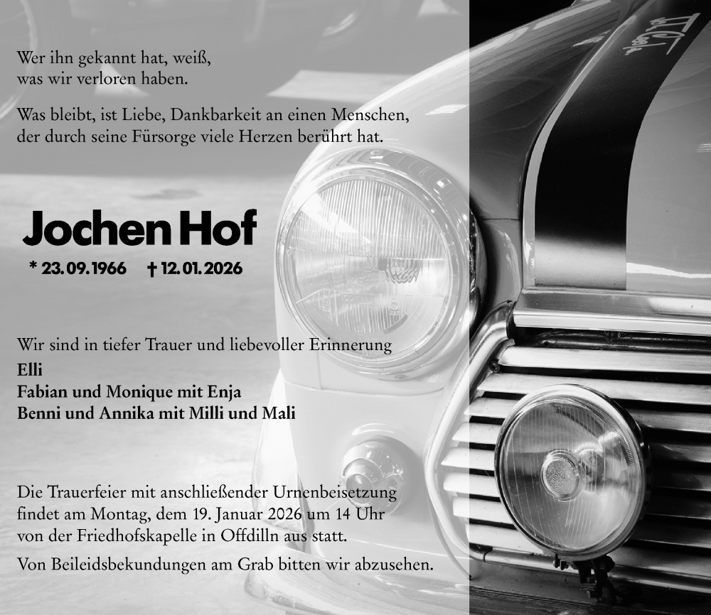  Traueranzeige für Jochen Hof vom 15.01.2026 aus Dill Block