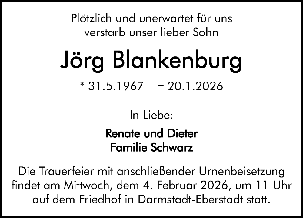  Traueranzeige für Jörg Blankenburg vom 31.01.2026 aus Darmstädter Echo