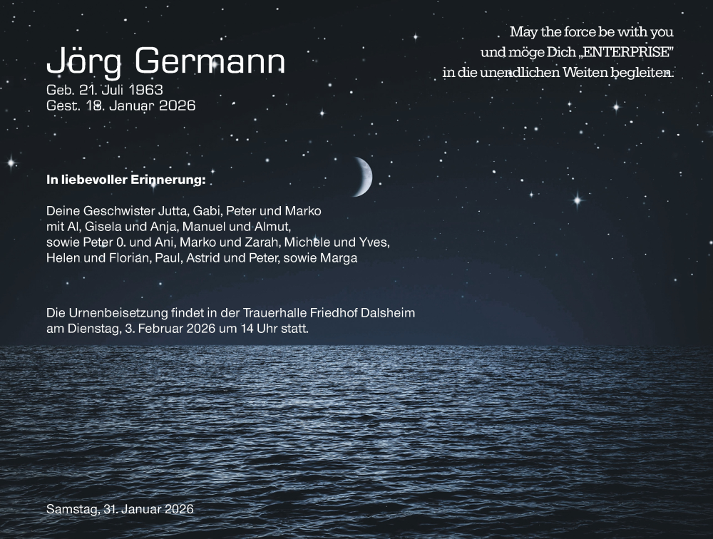  Traueranzeige für Jörg Germann vom 31.01.2026 aus Allgemeine Zeitung Alzey