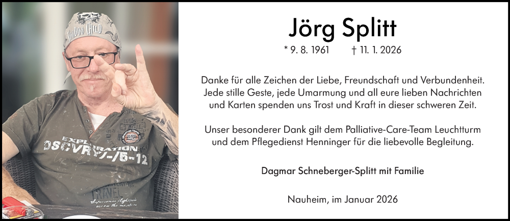  Traueranzeige für Jörg Splitt vom 31.01.2026 aus Rüsselsheimer Echo