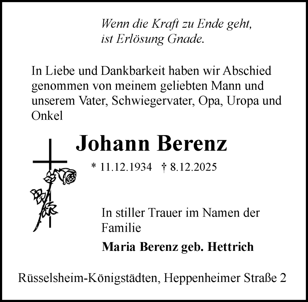  Traueranzeige für Johann Berenz vom 03.01.2026 aus Rüsselsheimer Echo