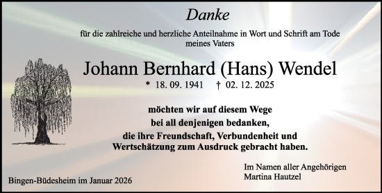 Traueranzeige von Johann Bernhard Wendel von Allgemeine Zeitung Rheinhessen-Nahe
