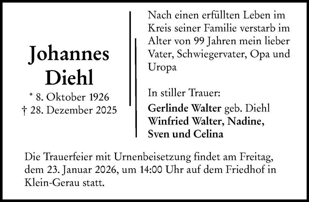  Traueranzeige für Johannes Diehl vom 21.01.2026 aus Groß-Gerauer Echo