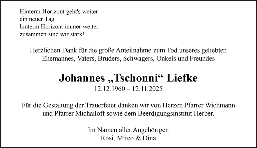  Traueranzeige für Johannes Liefke vom 02.01.2026 aus Camberger Anzeiger