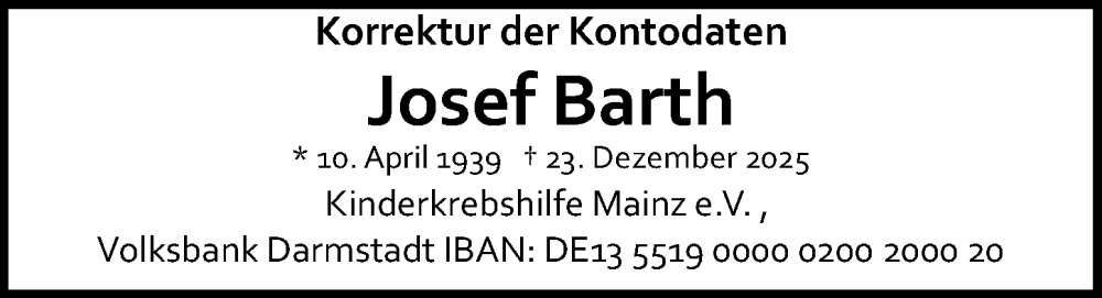  Traueranzeige für Josef Barth vom 21.01.2026 aus Allgemeine Zeitung Mainz