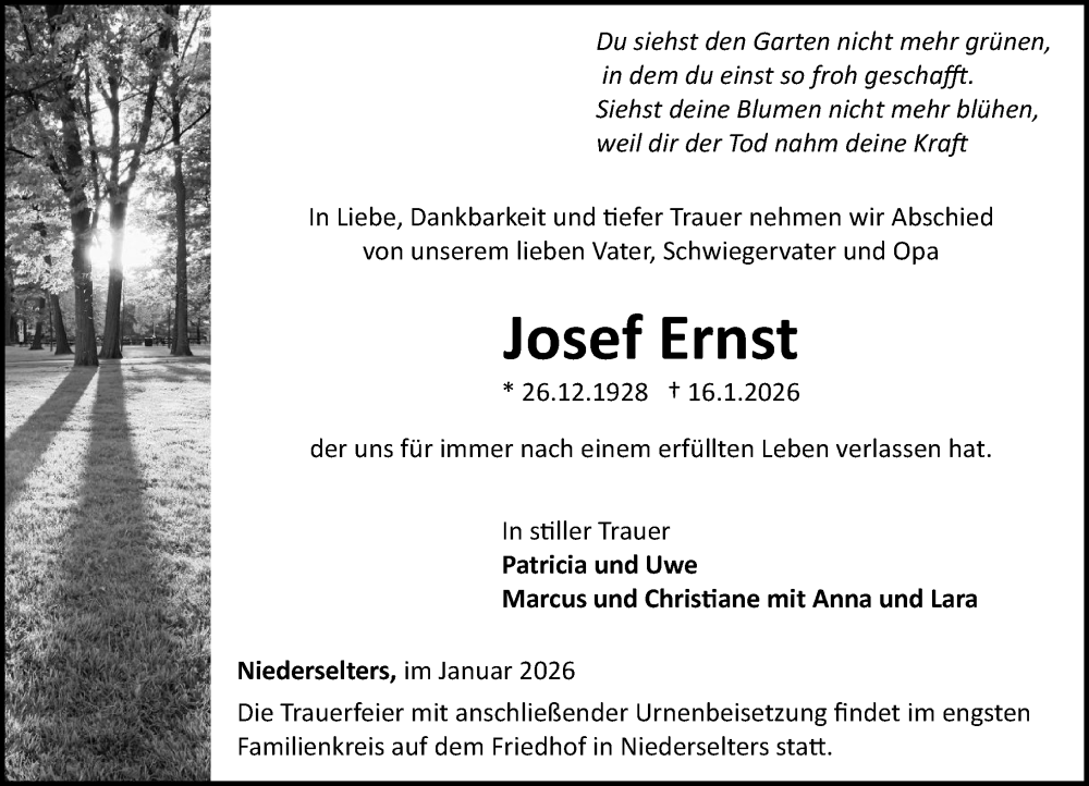  Traueranzeige für Josef Ernst vom 22.01.2026 aus Camberger Anzeiger