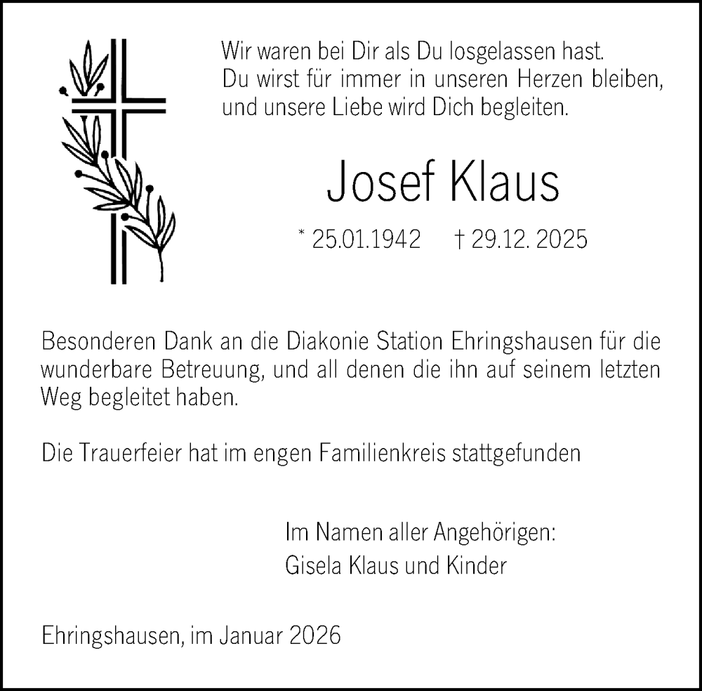  Traueranzeige für Josef Klaus vom 24.01.2026 aus Wetzlarer Neue Zeitung