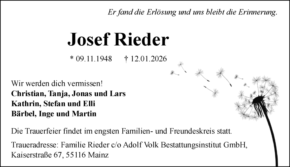  Traueranzeige für Josef Rieder vom 17.01.2026 aus Allgemeine Zeitung Mainz