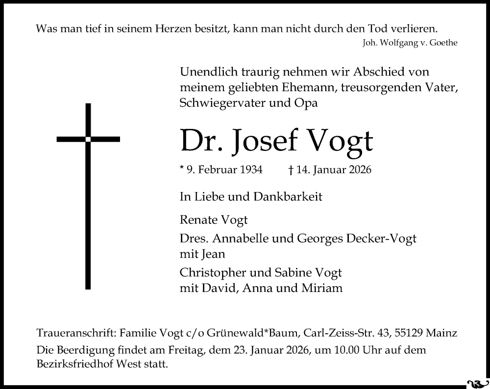  Traueranzeige für Josef Vogt vom 17.01.2026 aus Allgemeine Zeitung Mainz