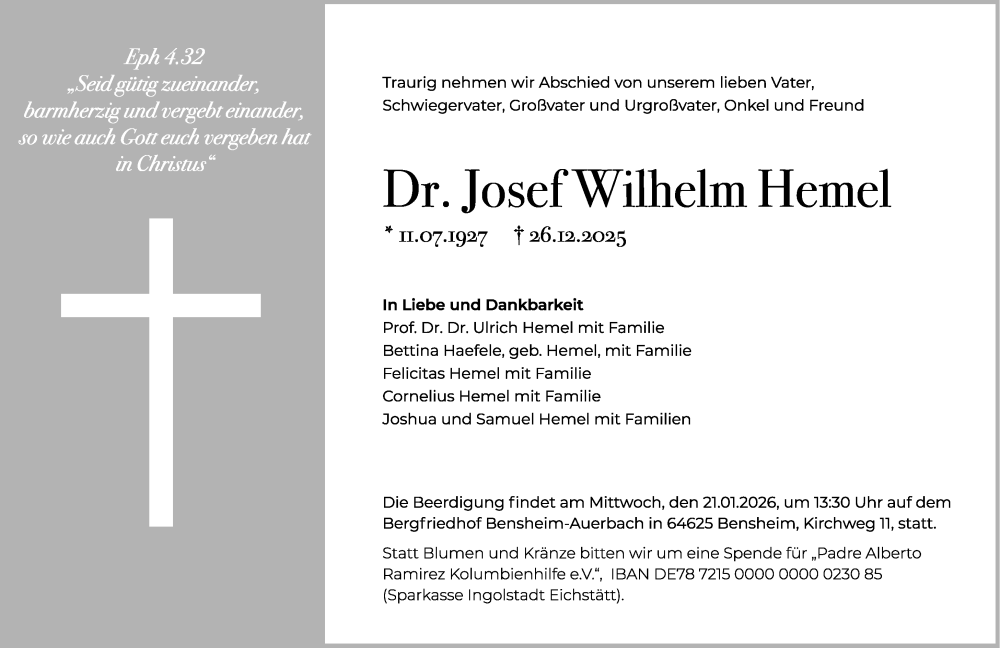  Traueranzeige für Josef Wilhelm Hemel vom 13.01.2026 aus Starkenburger Echo