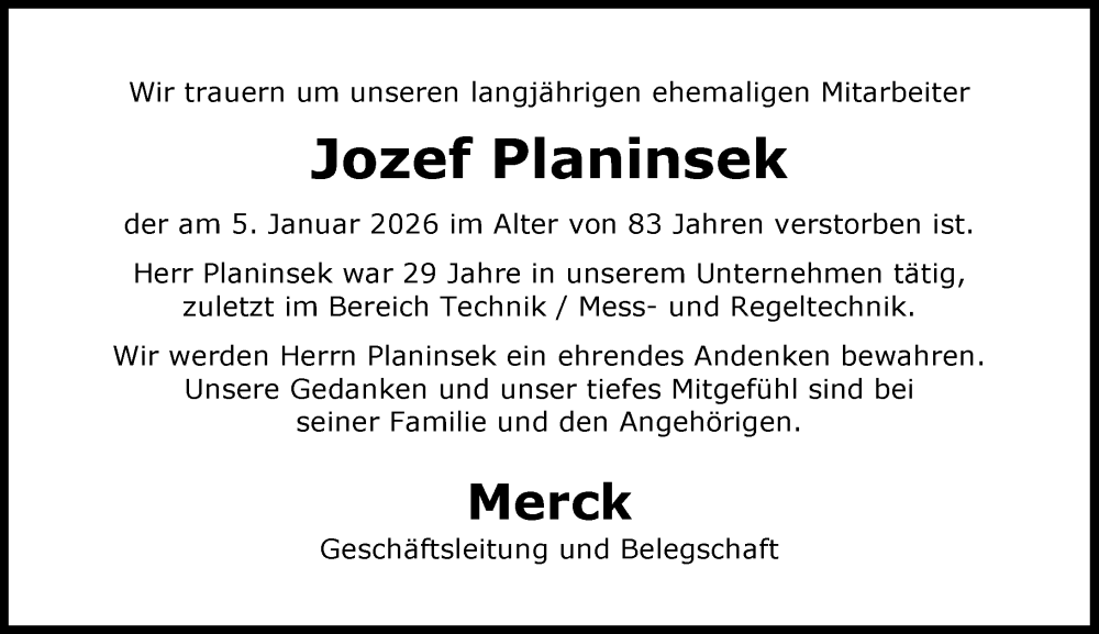  Traueranzeige für Jozef Planinsek vom 23.01.2026 aus Darmstädter Echo