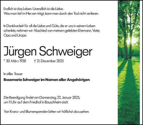 Traueranzeige von Jürgen Schweiger von Rüsselsheimer Echo