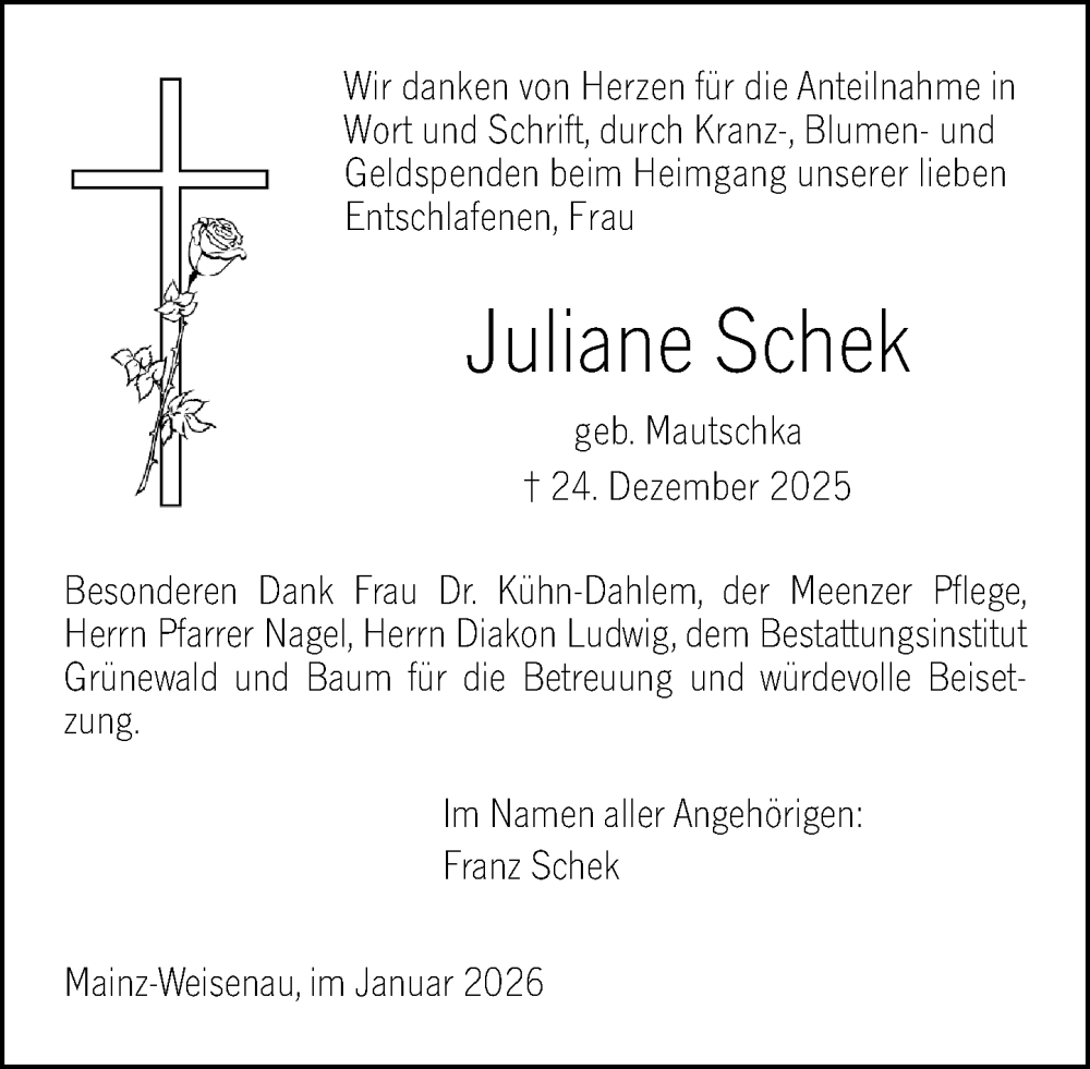  Traueranzeige für Juliane Schek vom 24.01.2026 aus Allgemeine Zeitung Mainz